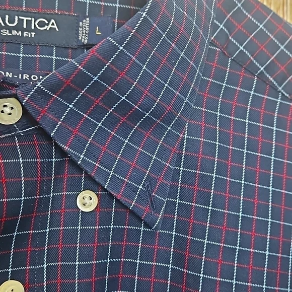 Mens Nautica Plaid Button Down Shirt Non Iron Sz Large Blue Red - Picture 3 of 6